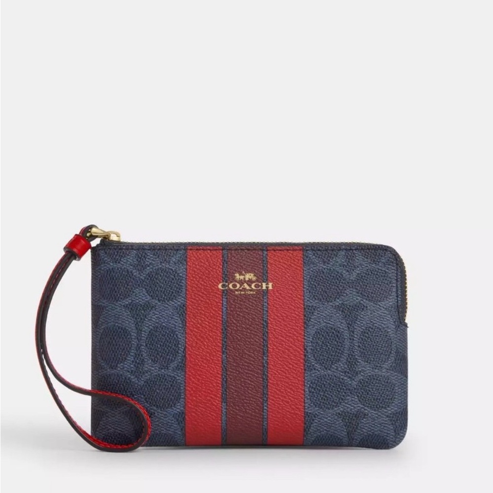 Coach Corner Zip Wristlet In Signature Canvas With Varsity Stripe